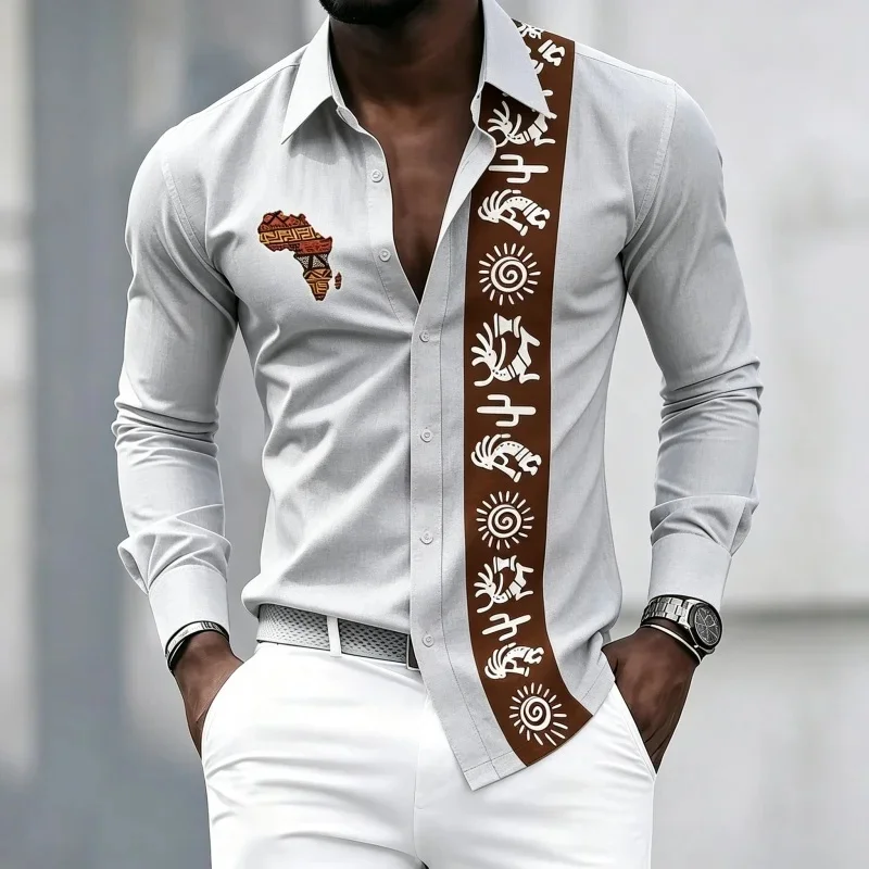 Men's long-sleeved shirt with flame and musical symbol print, suitable for commuting, parties, performances, and casual wear.