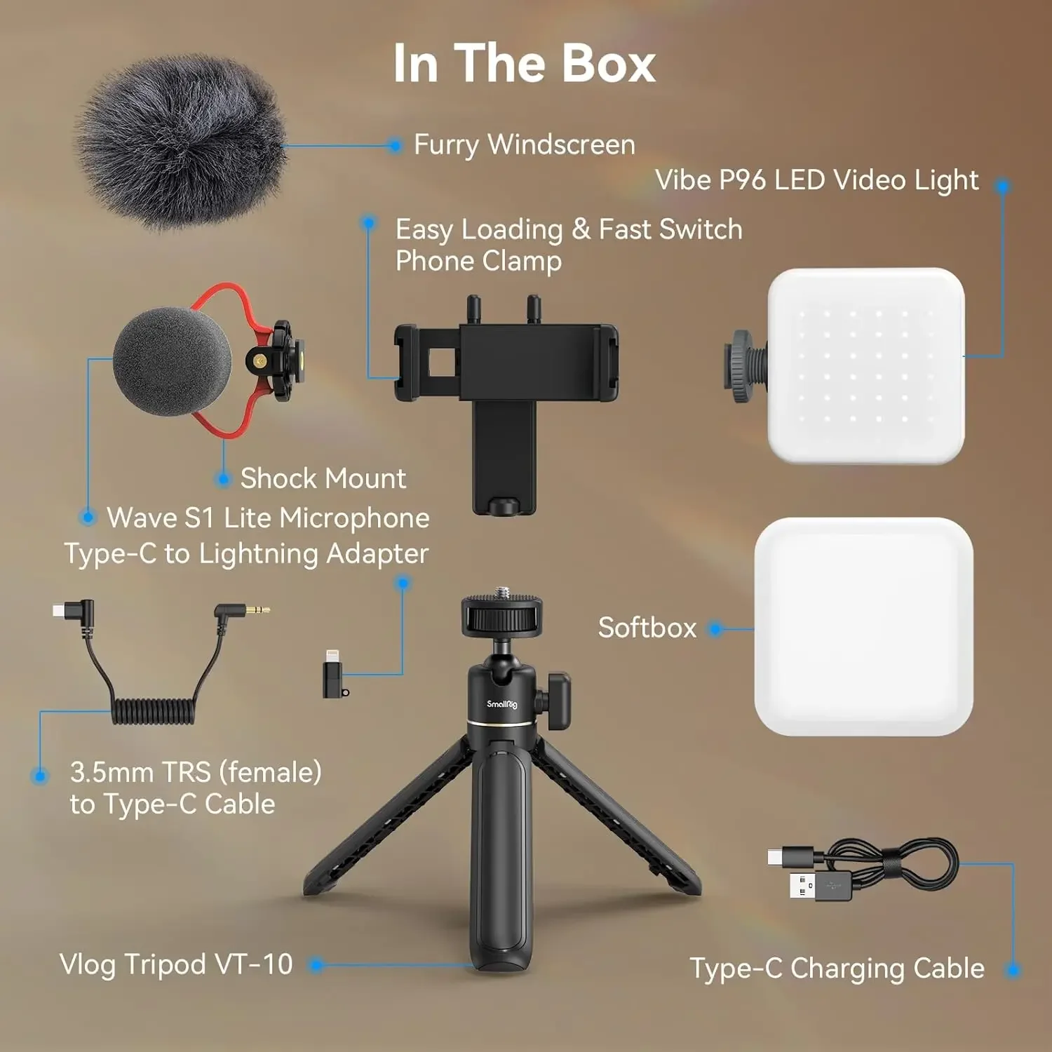 

NEW SMALLRIG-VK-50 Vlogging Kit for iPhone Content Creator Kit with LED Light Phone Holder Microphone Tripod Phone Mount