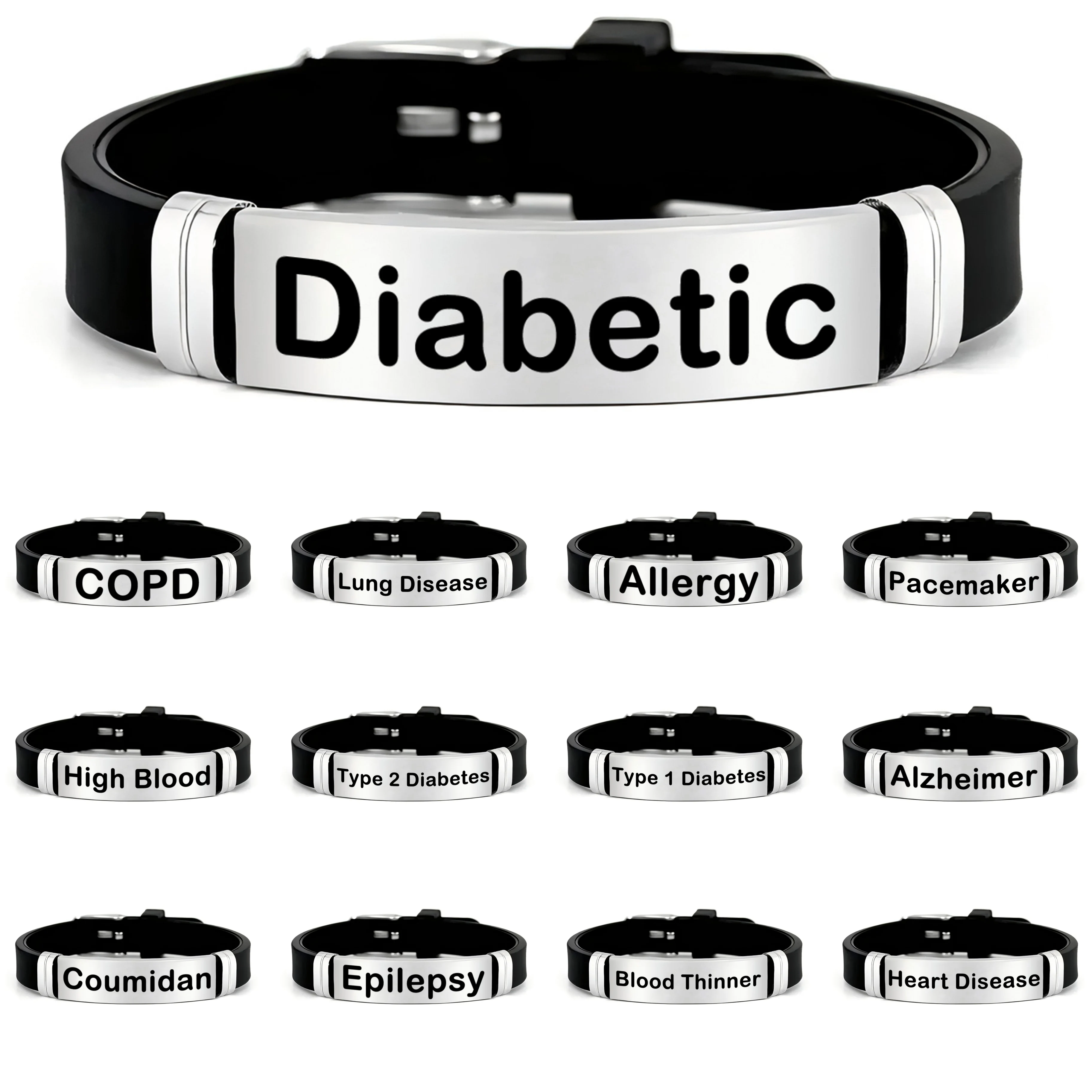 1 قطعة سوار سيليكون من الفولاذ المقاوم للصدأ معرف طبي ، كوبد ، مرض السكري نوع 1 2 سوار للرجال والنساء ، هدية مثالية #1