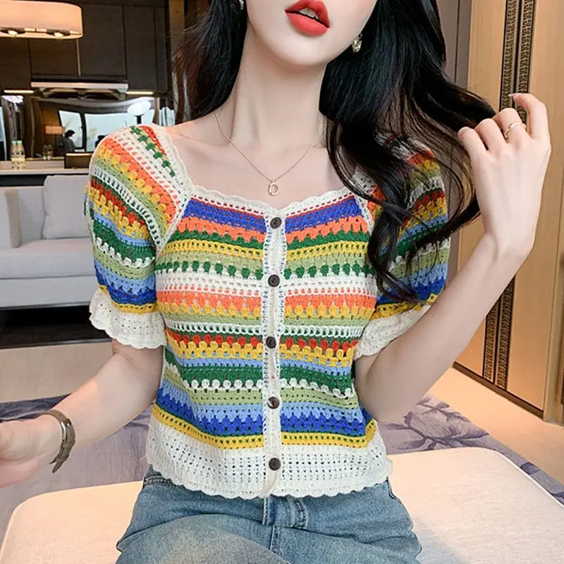 Boring Honey Rainbow Colors Square Collar Women\'s Clothes For Summer Short Sleeves Tops Single-Breasted Fashion Women Blouses