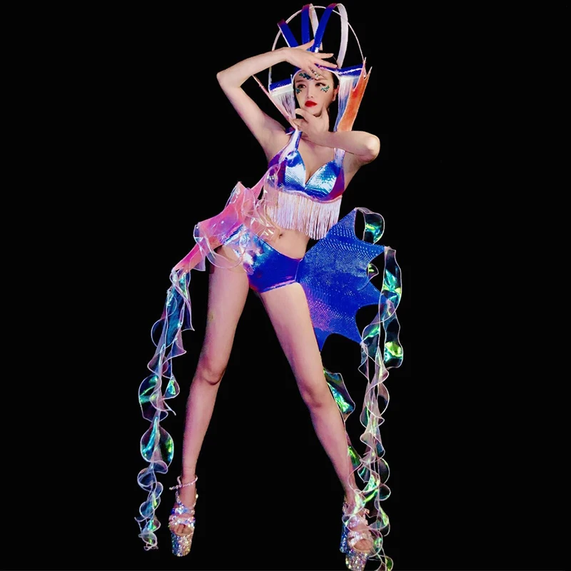 

New Party Show Sexy Stage Wear Bar Nightclub DJ Singer Dance Performance Costume Fringe Tassel Bikini Headdress Outfit