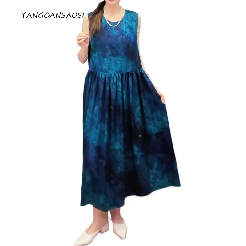 

Fashionable Deep Blue Printed 100% Natural Mulberry Silk Fragrant Cloud Yarn Round Neck Sleeveless Vest Large Skirt Dress