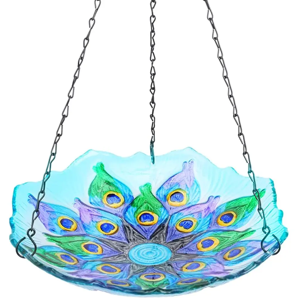 11-inch Hanging Glass Bird Bath Outdoor Garden Yard Decor, Bird Drinking and Bathing