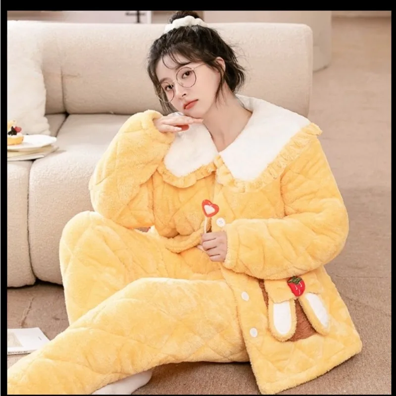 Thickened Three Layer Famale Cotton Flannel Insulation Set Home Warm Pajamas Women Autumn Homewear Lady Winter Coral Plush Suit