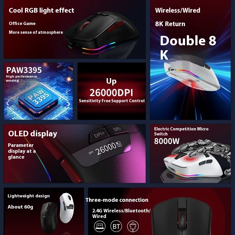 Acer dual 8k shadow knight spiel maus rgb die dritte mock prüfung kabel gebundene bluetooth drahtlose e-sport paw3395s büros piel maus