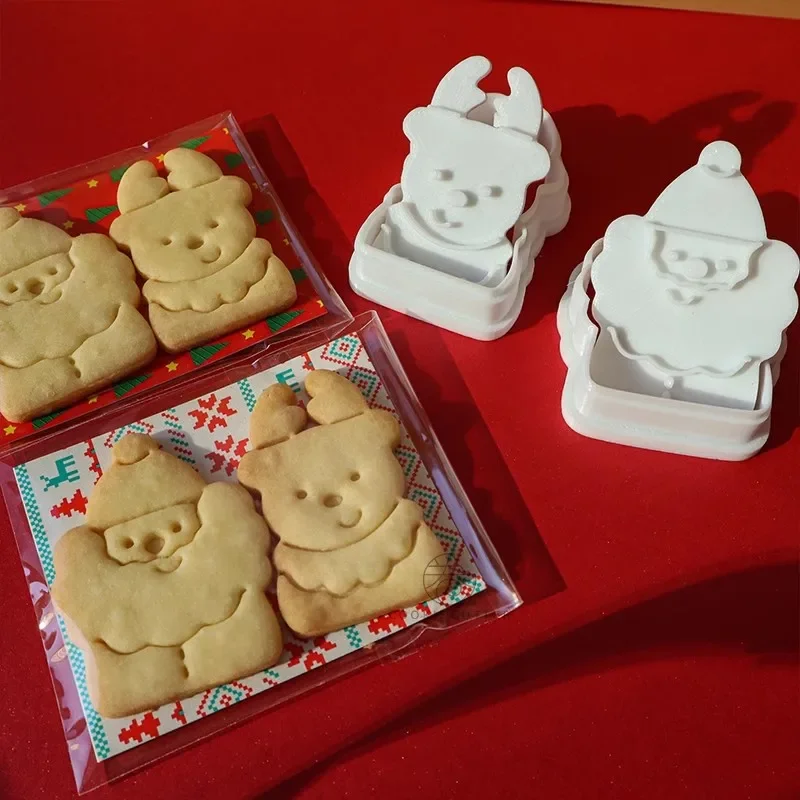 2Pcs/Set Christmas Santa Claus Cookie Cutter Elk Biscuit Stamp Hand Pressed Mold DIY Cookie Embossers Christmas Tree Decoration