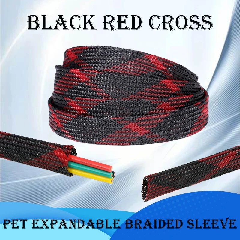 

2/4/6/8/10/12/14/16/20/25/30mm Black-Red Cross PET Braid Sleeve High Density Insulated Snake Skin Cable Wrap Sheath1~50m