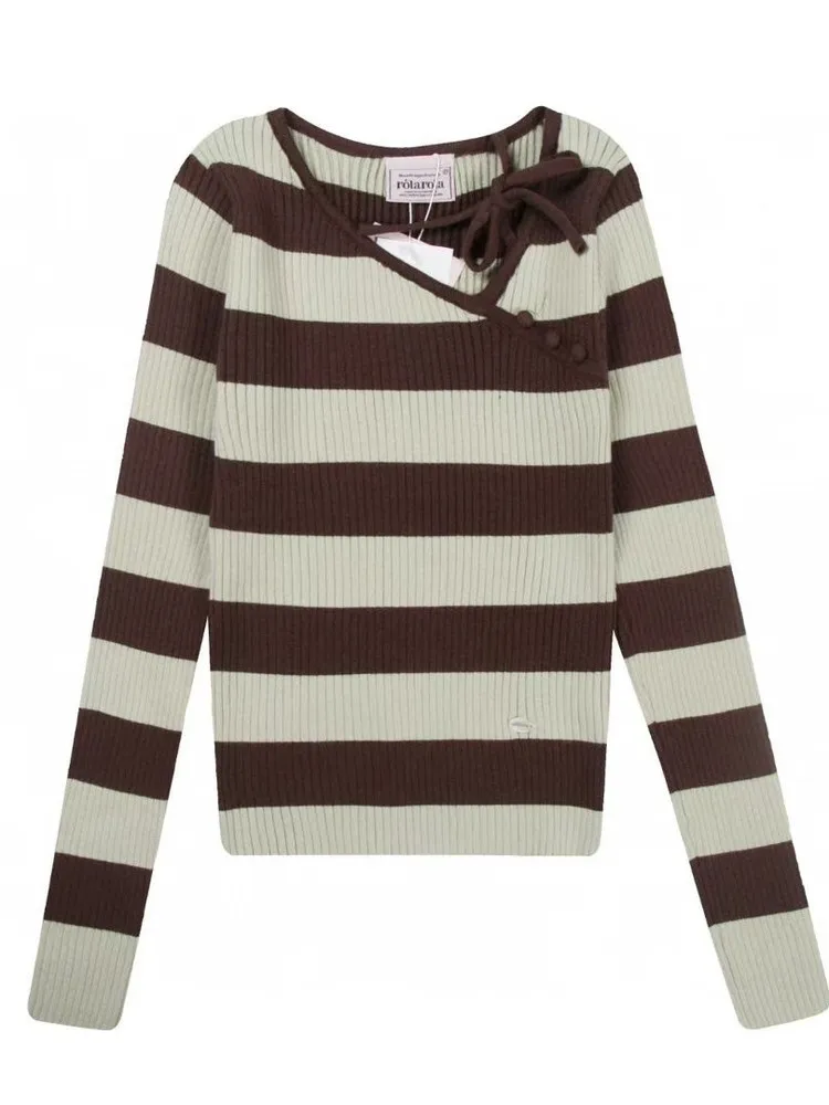 Zhang ng полосатый асимметричный вязаный свитер с длинными светами, женский облегающий свитер с диагональным воротником, базовый слой, топ