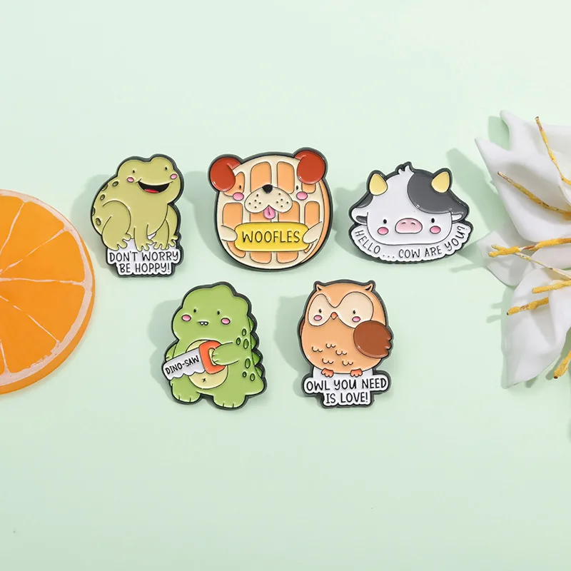 Funny Dianosar Frog Pig Owl Dog Enamel Pins Custom Brooches Lapel Badges Punk Gothic Jewelry Gift for Kids Friends