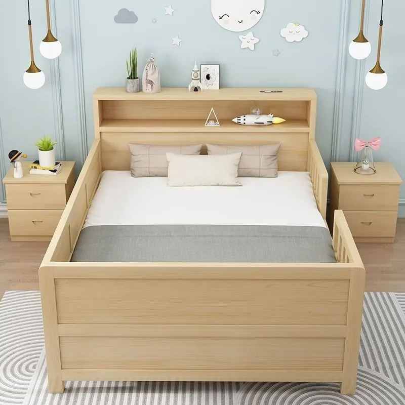 Children's solid wood bed with guardrail, drop-proof crib