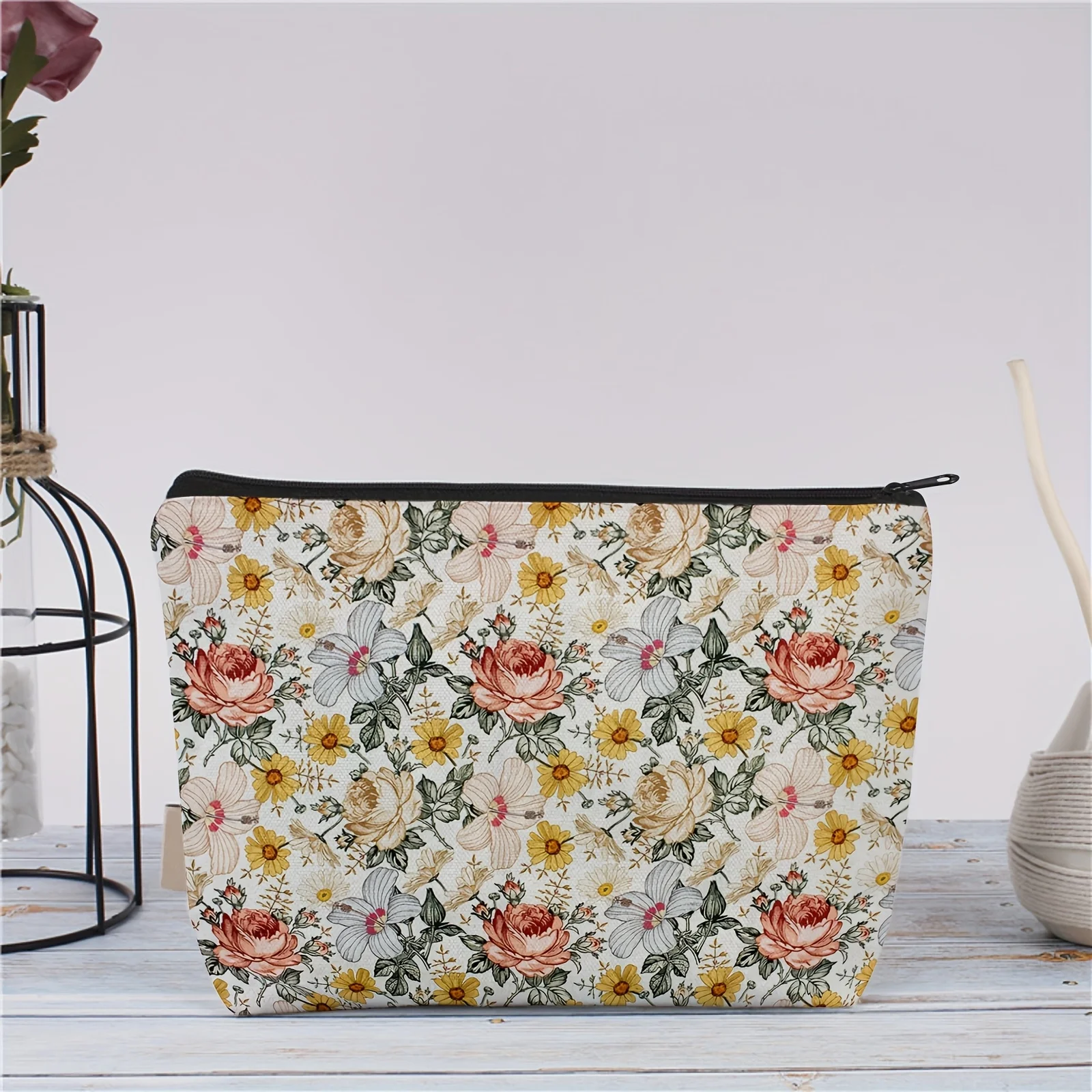 Un sac de maquillage de jardin vintage – Sac à fermeture éclair multifonctionnel mignon pour femmes, sac de rangement de bijoux