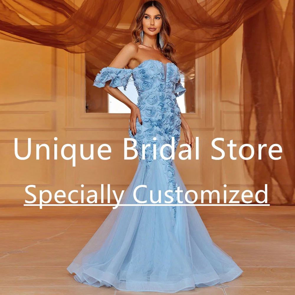 Customized Evening Dress 2023 New Tulle Lace Off The Shoulder Strapless Mermaid 3D Rose Prom Gown Zipper Backless Sexy Vestidos