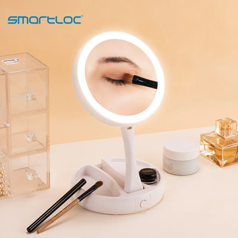smartloc Double side 1X &10X LED mirror with light charging model Ins style desktop fill light portable folding makeup mirror