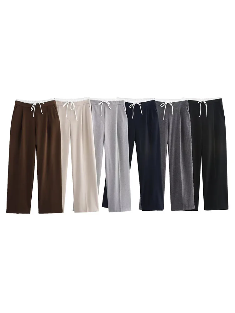 2025年秋 レディース ワイドレッグパンツ ヴィンテージ ルーズ パッチワーク ドローストリング リボン付き 女性 エレガント ストリートパンツ 衣類