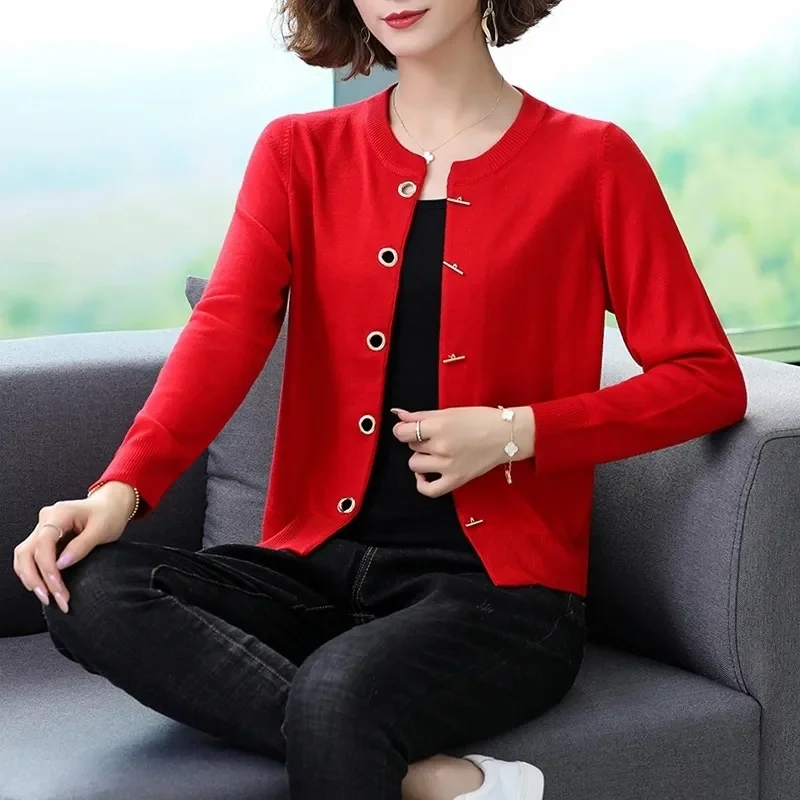 

Solid Color Knitted Cardigan Women Korean Single Breasted Long Sleeve Jumper Woman Round Neck All Match Cardigans Outwear 2024