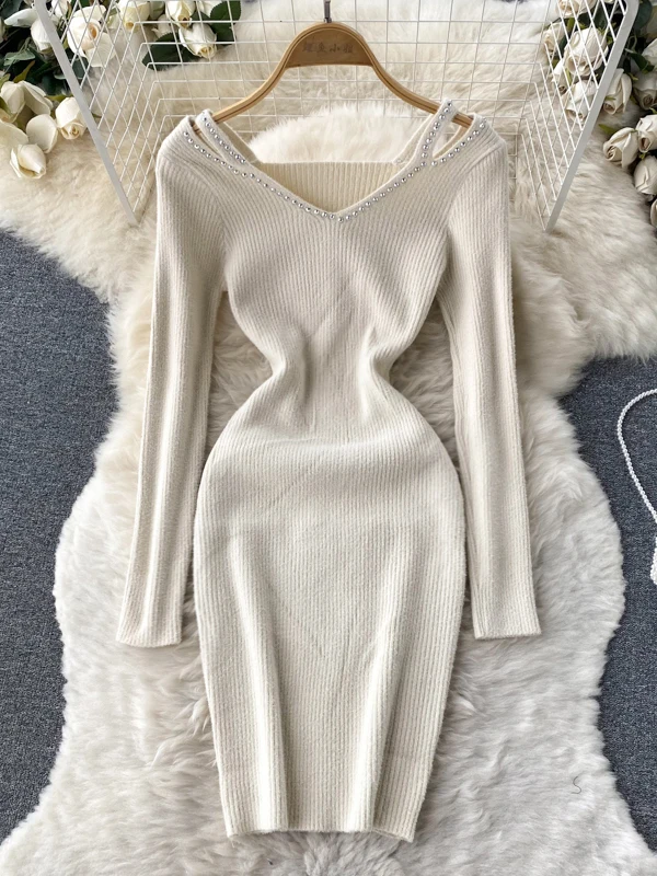 시크 니트 랩 드레스 오프숄더 롱 슬리브 하이웨이스트 A라인 스커트 한국 스타일 출퇴근 순수한 매력 가을 여성 드레스