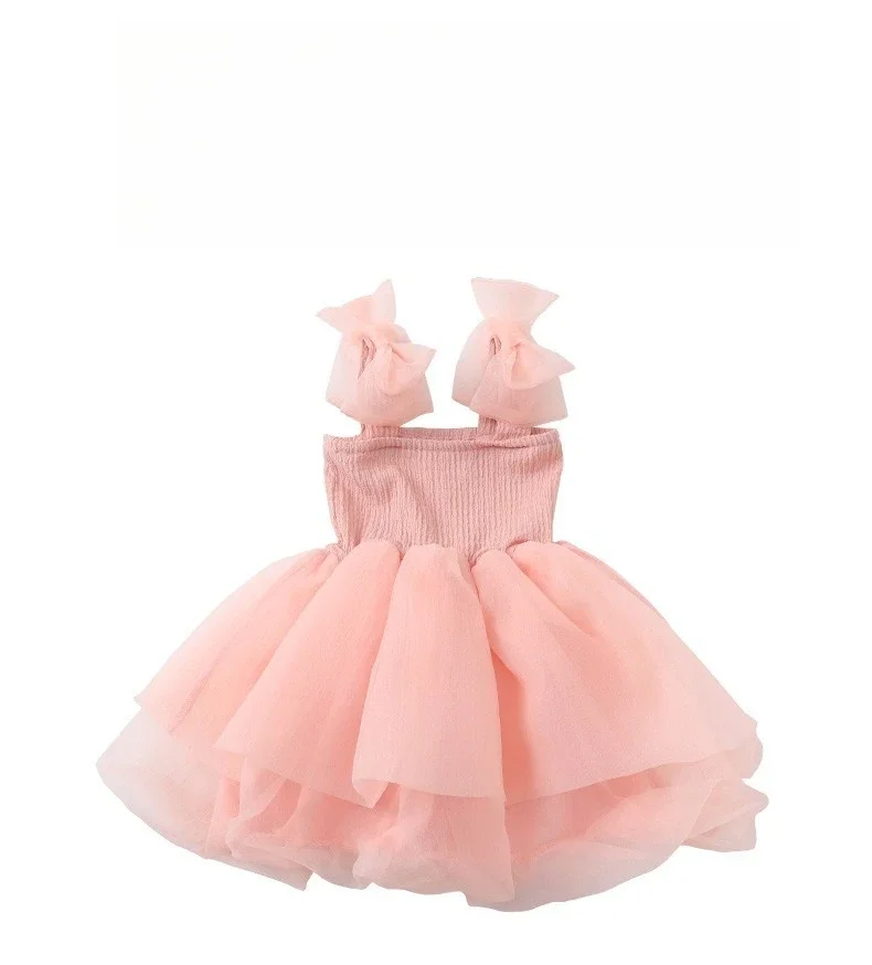 Kid Girl Elegant Mesh Bow Wedding Shoulders Party Multi Fashion Layered Tulle Skirt with Sleeveless Square Neck Dress Children