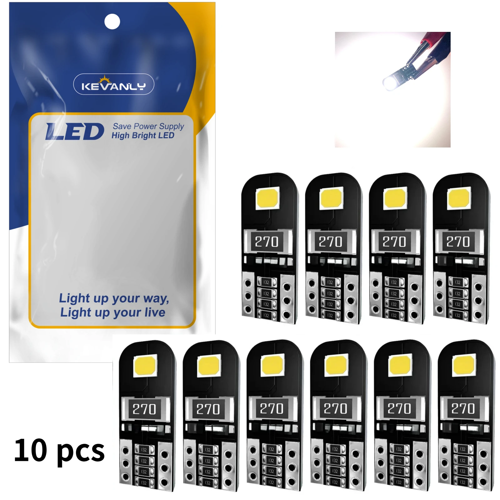 KEVANLY 10Pcs W5W T10 LED Canbus Żarówka bez błędów Oświetlenie wnętrza samochodu 194 Lampa sygnalizacyjna LED Do Mercedes-Bens Bmw Audi Ford 6000K 12V