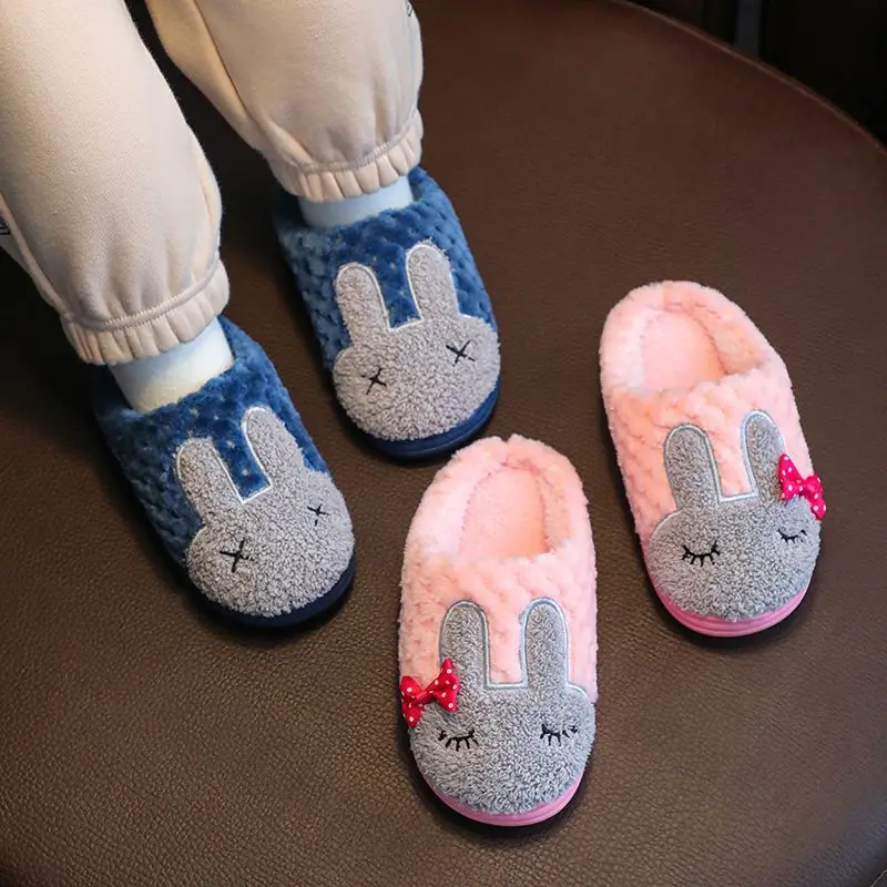 Winter Kids Slippers Parent Child Cotton Slippers for Boys Girls Cute Rabbit Design Plush Lined Warm Non Slip Home Shoes