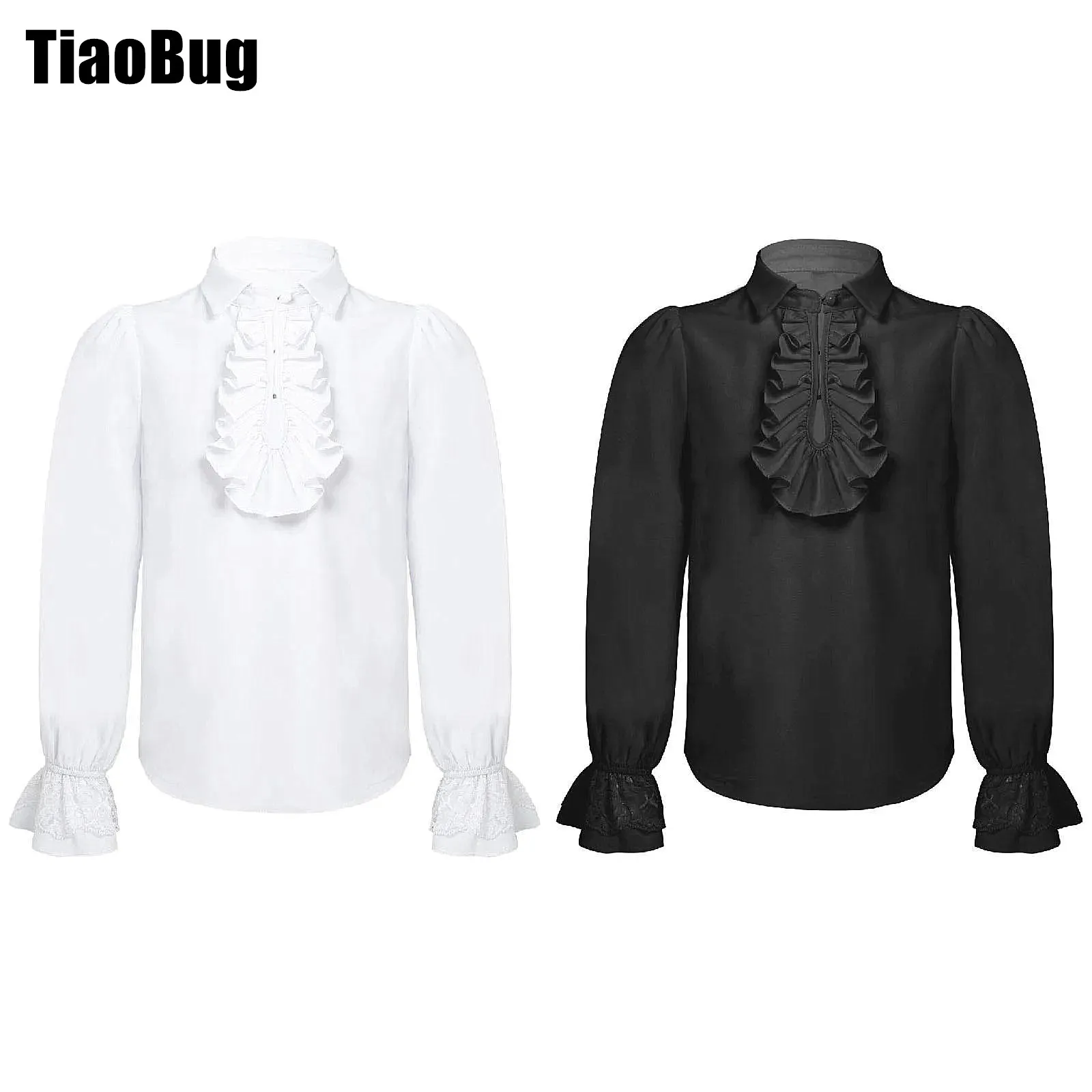 Kids Boys Renaissance Long Sleeve Shirts Turndown Collar Ruffle Lace Cuffs Button Front Solid Color Shirt