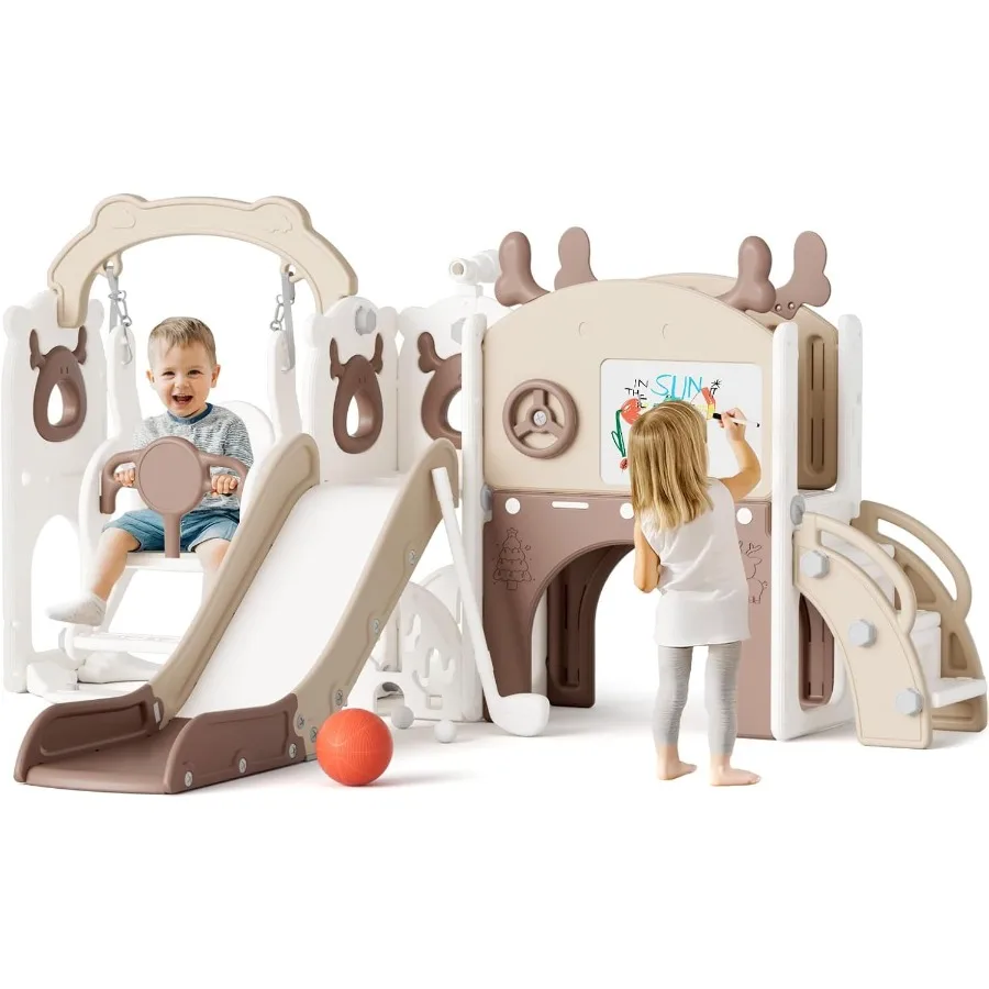 

12 in 1 Toddler Slide and Swing Set Slide for Toddlers 1-3 Years Old Baby Indoor Outdoor with Basketball Hoop Drawing Golf for
