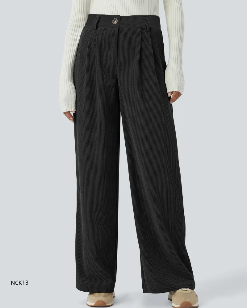 Corduroy broek met hoge taille voor dames Herfst Winter Ontspannen broek met rechte pijpen High Street Wijde pijpen Dikke warme broek met losse knopen