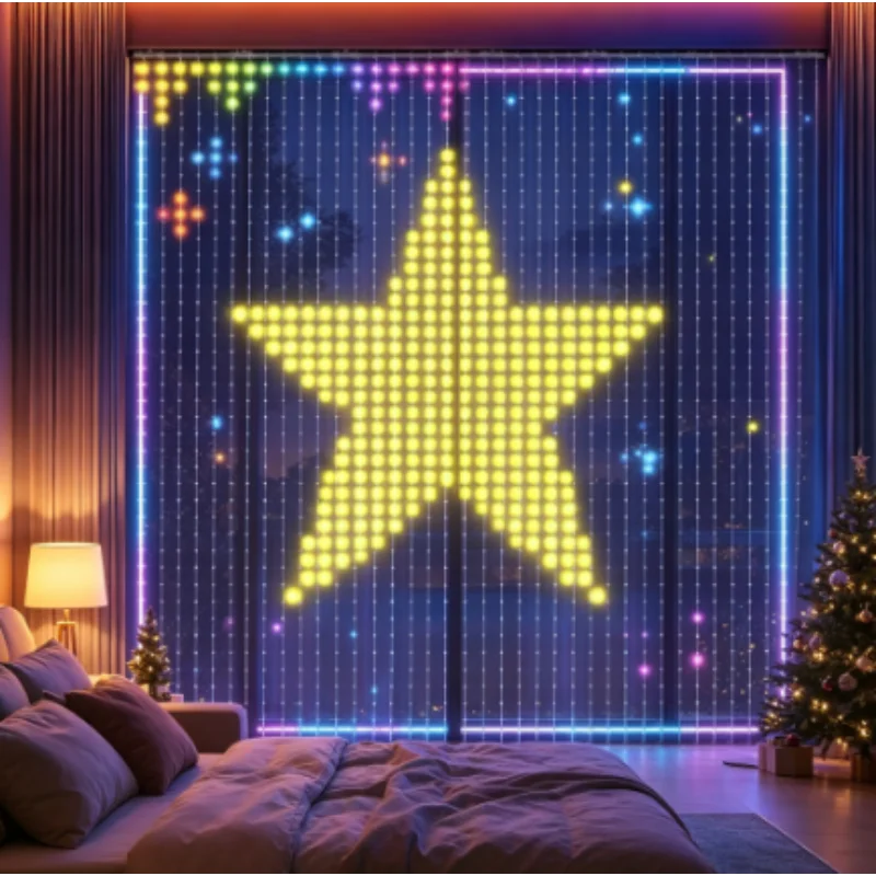 スマートledカーテンライト、rgb、色変更可能、アプリで操作、音楽連動、diyパターン、寝室の背景装飾、クリスマスデコレーション