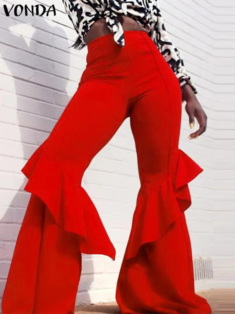 VONDA Women Long Pants 2024 Fashion Sexy Streetwear Ruffle Patchwork Wide Leg Trousers Well Fitting Flared Pants Solid Capris