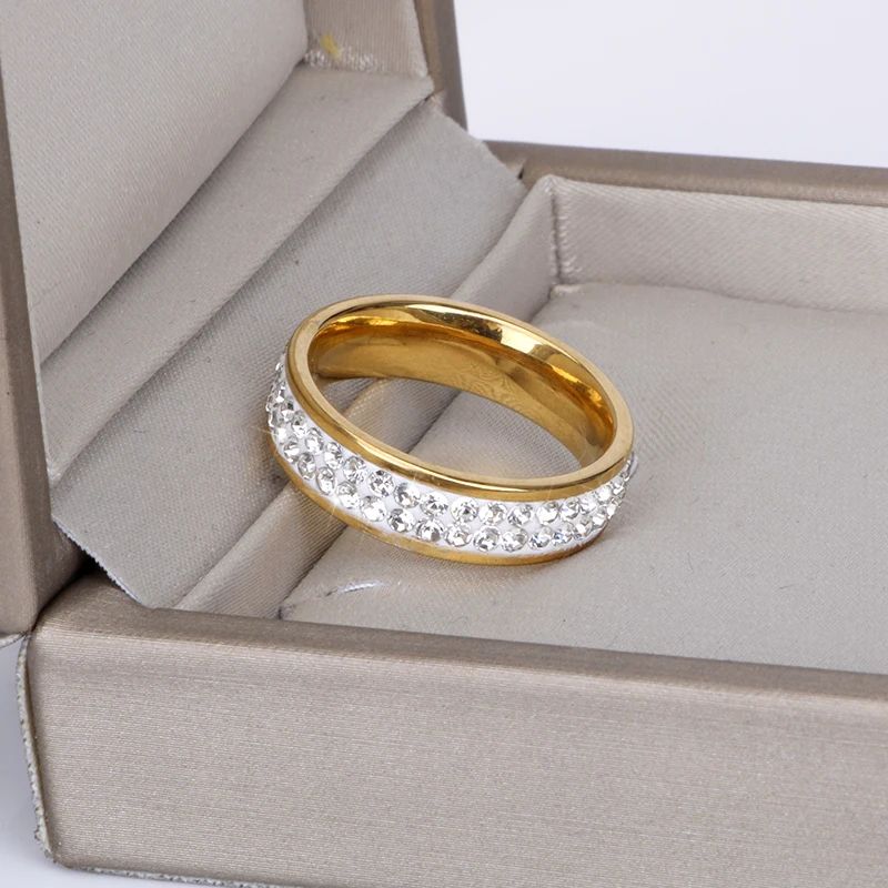 Hgflyxu Gold Color Stainless Steel Rings with Rhinestone Women Accessories Wedding Ring High Quality Personality Jewelry