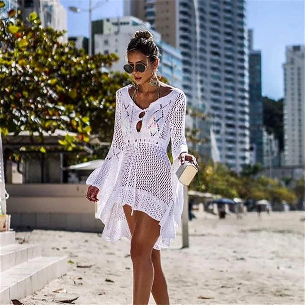 Beach Cover Up Crochet Knitted Tassel Tie Beachwear Tunic Long Pareos Summer Swimsuit Cover Up Sexy See-through Beach Dress