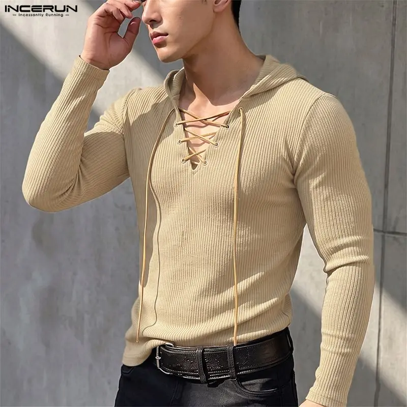 INCERUN Men's T Shirt Solid Color Hooded Lace Up Long Sleeve Casual Tee Tops For Man Streetwear 2026 V Neck Stylish Men Clothes