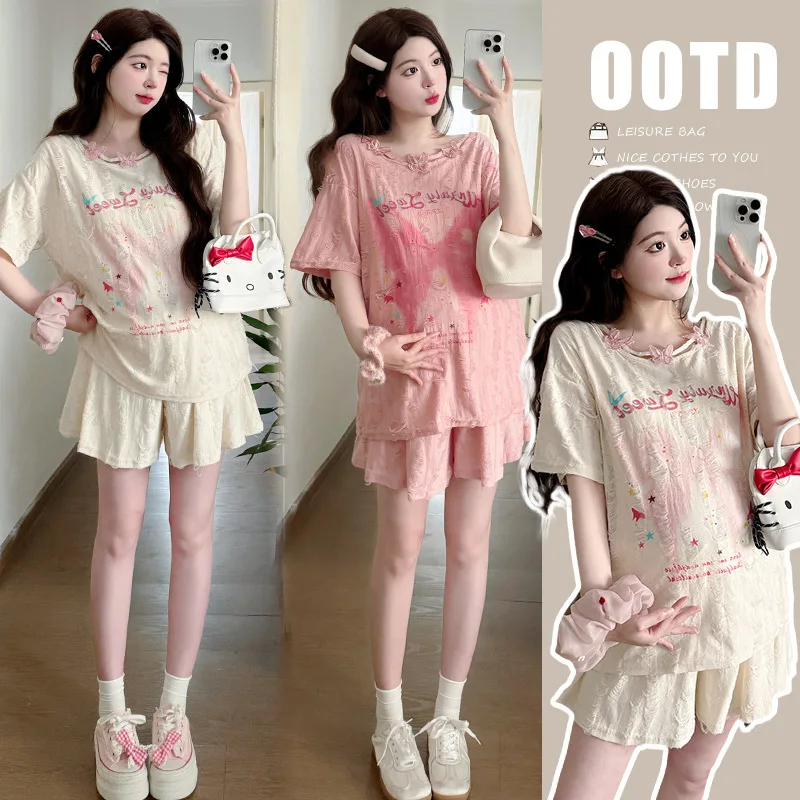 2025 Sweet Pregnancy Outfit Summer Bow Detail Blouse with Shorts Loose Fit Maternity Two Piece Set Feminine Comfortable