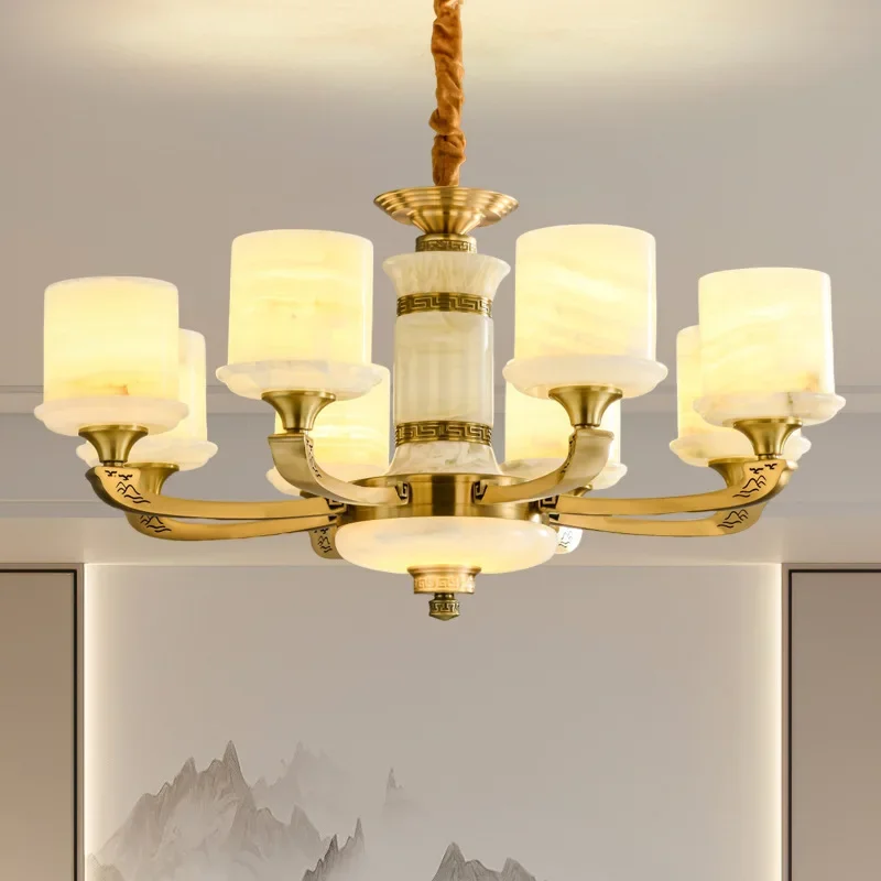 Nuovo stile cinese, soggiorno, lampadario, tutto in rame, giada, atmosfera, stile cinese, villa