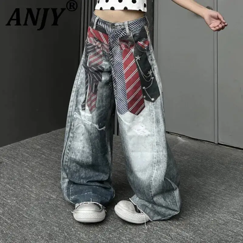 

ANJY Spring Autumn New Women Fashion 3D Digital Print Loose Casual Frayed Edge Jeans Tide Streetwear Wide-Leg Denim Pants A22536