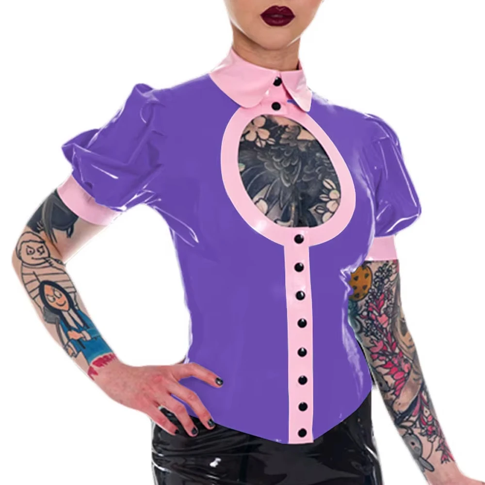 

Plus Size Womens Long Sleeve Tops Sexy Solid Hollow Out Lapel Collar Shirts Vinyl PVC Leather Elegant Single Breasted Blouses