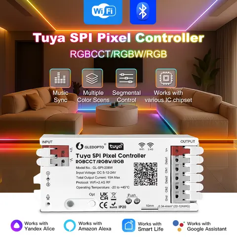 WiFi Tuya SPI Digital Pixel RGB RGBW RGBCCT LED Controller Smart Life App Control WS2811 TM1814B SK6812 WS2801 WS2805 UCS2904B