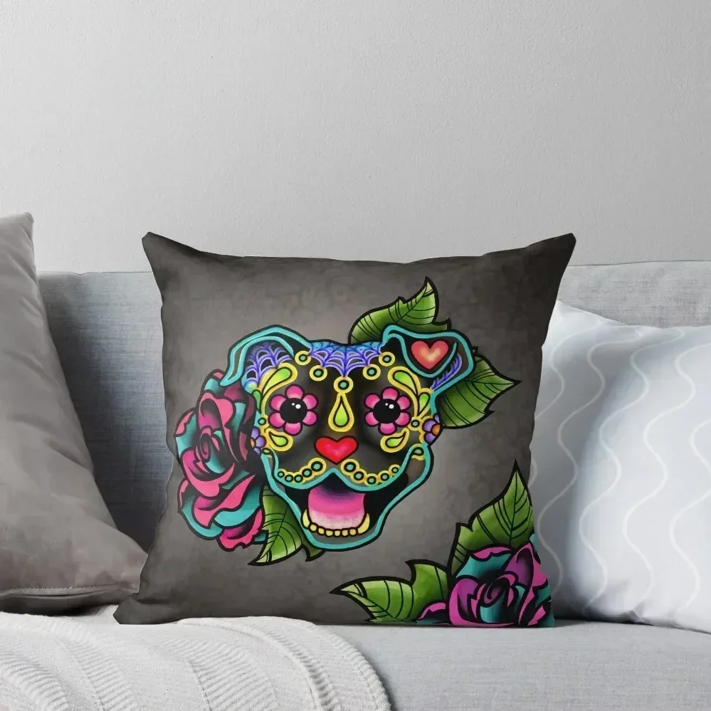 

Smiling Pit Bull in Brindle - Day of the Dead Happy Pitbull - Sugar Skull Dog Throw Pillow