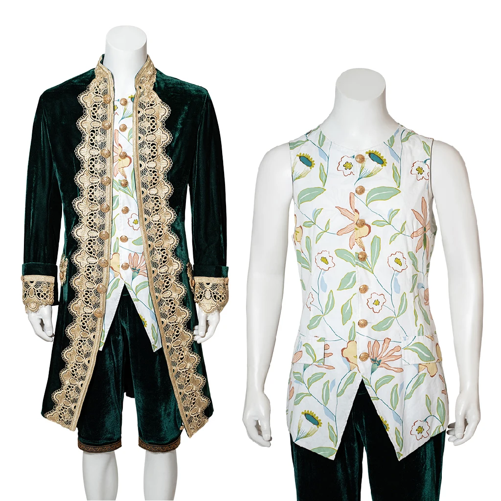 Men's Rococo Costume 18th Century Green Velvet Embroidered Coat Floral Printed Vest Breeches Suit Prom Wedding Party Gown