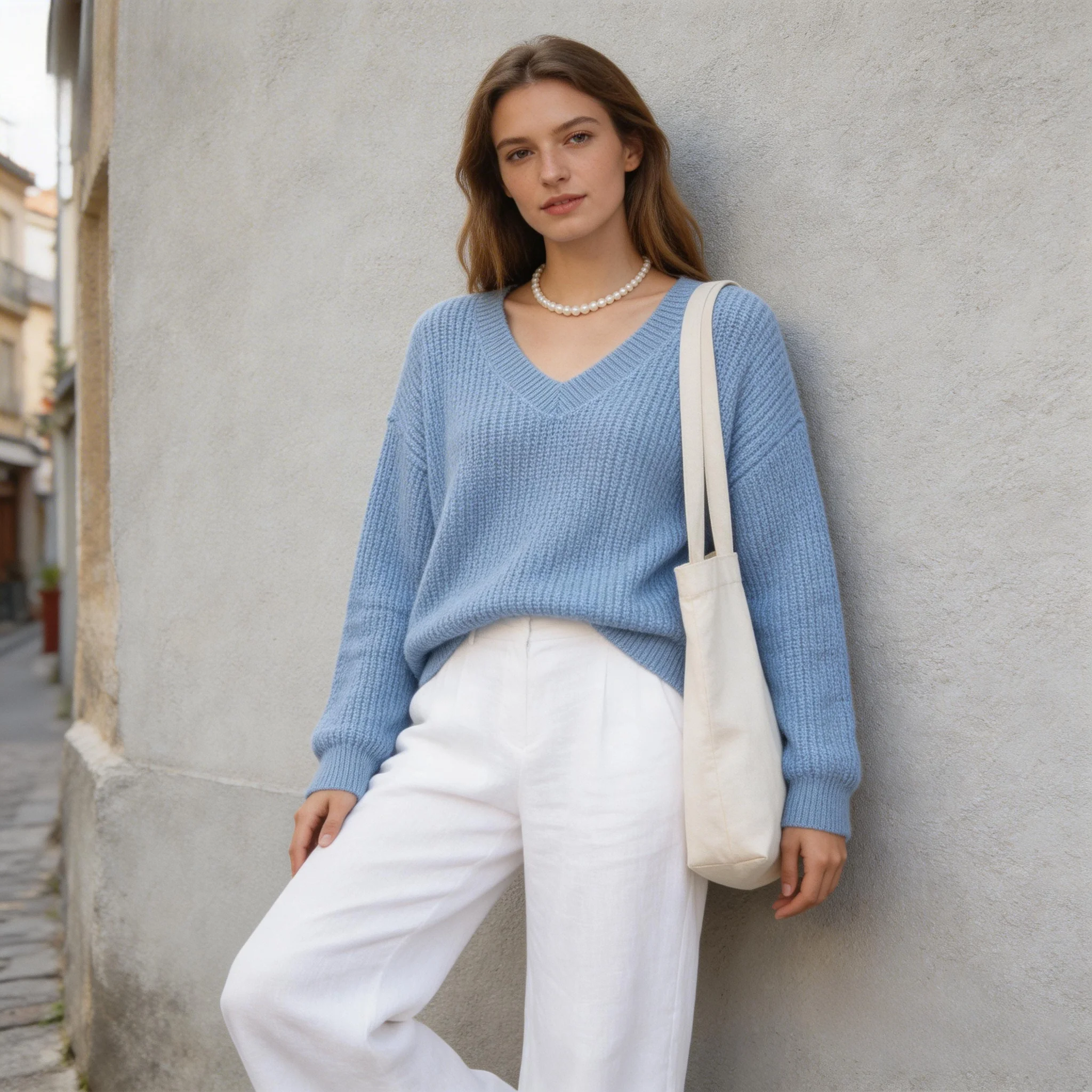 

Женский розово-голубой повседневный универсальный мягкий шерстяной пуловер с V-образным вырезом, подходит для дома, ежедневных поездок, отпуска, работы.