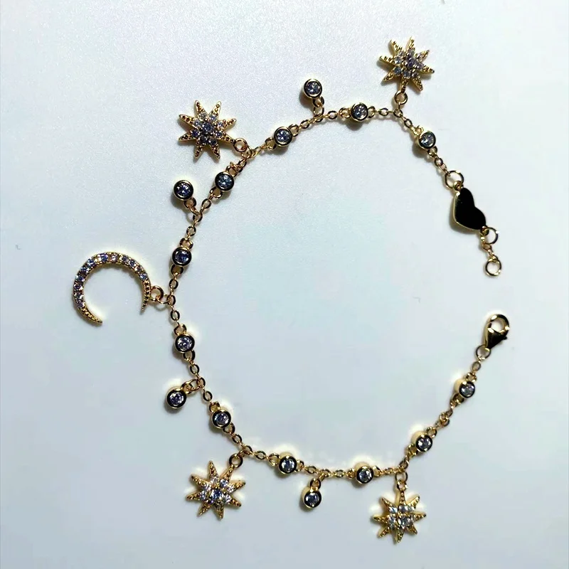 Women Bracelet Star & Moon Sterling Silver 925 Jewelry In Gold Plating