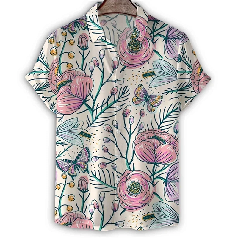 Zomer Bloemenpatroon Korte Mouwen Mode 3d Print Planten Hawaiian Shirt Voor Heren Revers T-Shirts Knoop Blouse Tops Kleding