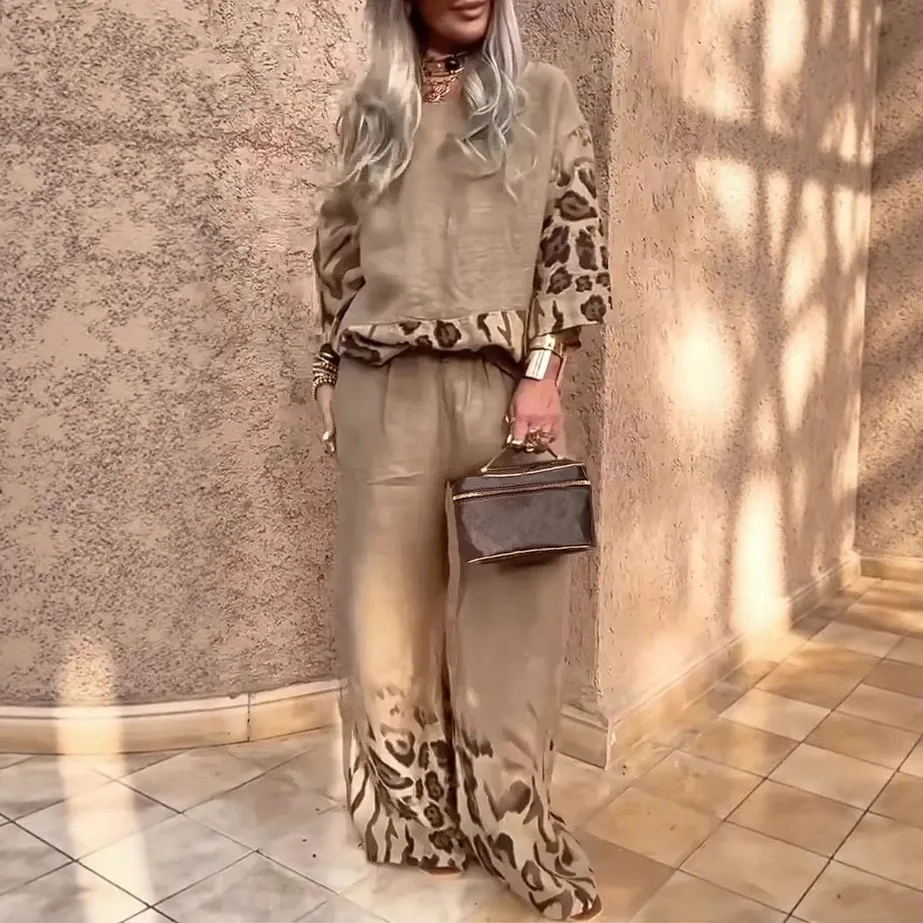 

Fashion Leopard Print Women's Two Pieces Set Casual Loose O Neck Short Sleeves Tops+Wide Leg Pants Suit Holiday Womens Clothing