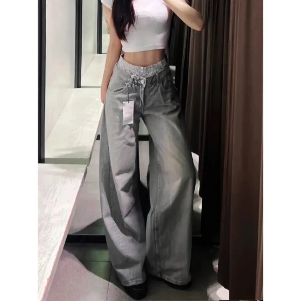 

Denim Pant for Vintage Patchwork Jeans Zipper Fly Trousers 2024 Female Fashion Casual Streetwear Grey Denim Broad Leg Pants