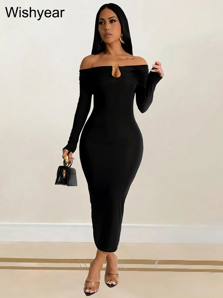 Wishyear Slash Neck Elegant Women Black Long Dress Sexy Long Sleeve Bodycon Night Party Birthday Evening Prom Maxi Vestidos New