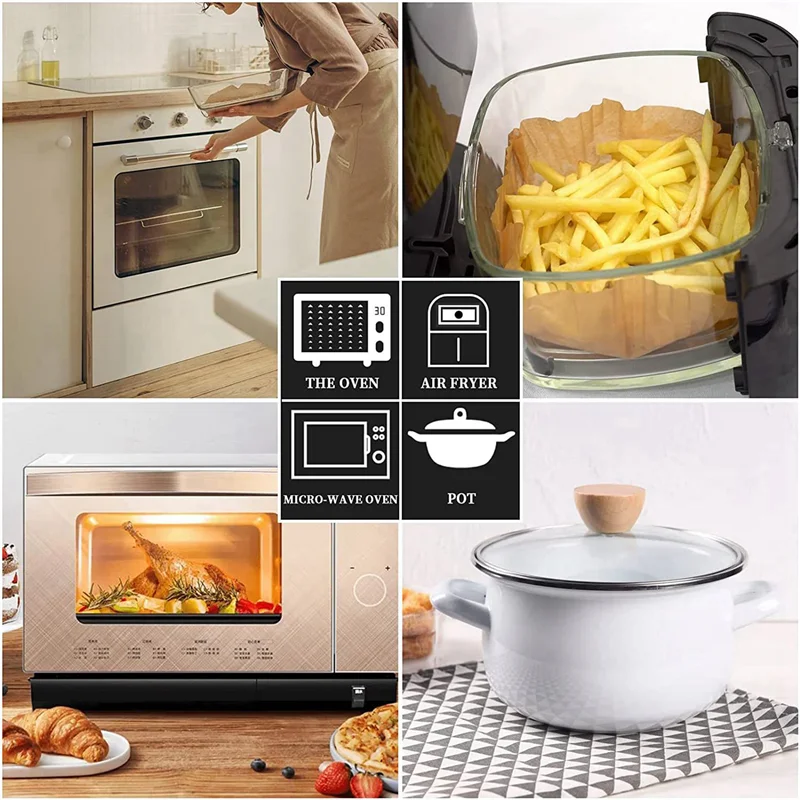 

ABUS-100Pcs Air Fryer Parchment Paper With Oil Brush Air Fryer Liners Square 6.3Inch Disposable Baking Paper Air Fryer Sheets