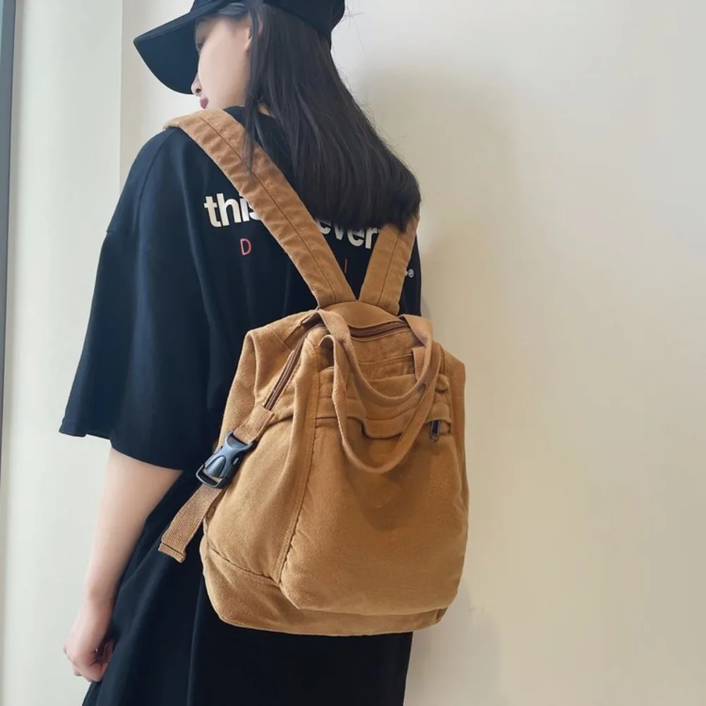 School Bag Canvas Women Backpack Solid Color Vintage Student Shoulder Bag Korean Large Capacity Commuting Backpack Teen Student