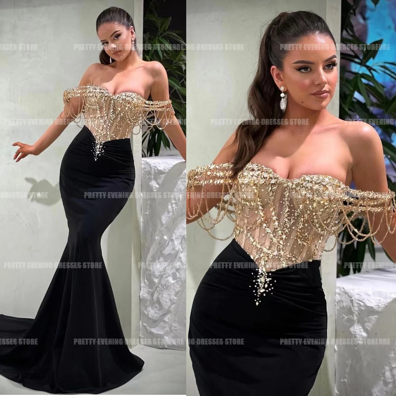 Glisten Black Evening Dresses Trumpet Sexy Off The Shoulder Prom Growns Formal Celebrity Party Fashion Vestido فساتين العيد 2024