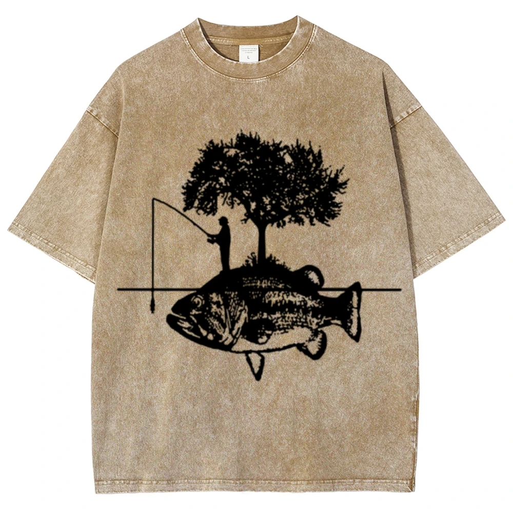 Graphic Short Sleeve Fishing Pattern Silhouette Unisex Vintage Washed Tee Hip Hop T-shirt For Men Oversize Retro  Friend's Tops