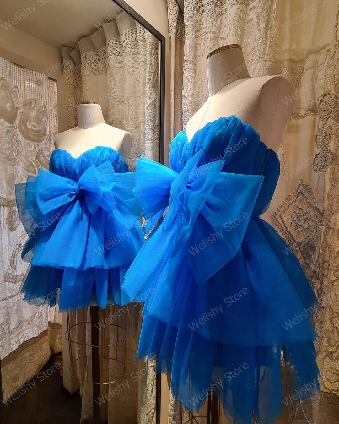 Puffy Royal Blue Short Tulle Party Dress A Line Mini Ruffled Women Dresses Summer Strapless Sweetheart Bow Mesh Birthday Gown