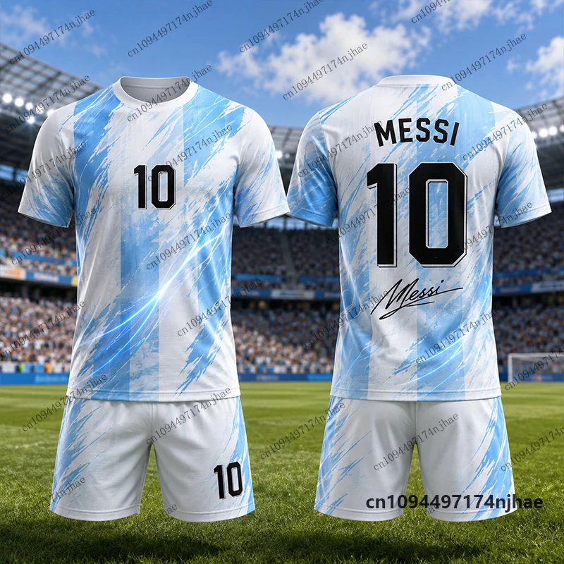 2-teiliges Outfit Kinder Trainingsanzug Messi Nr. 10 Print T-Shirt+Shorts Set Fußballtrikot Freizeitanzug Sportbekleidung Kinder/Erwachsene Kleidung – Detail 4